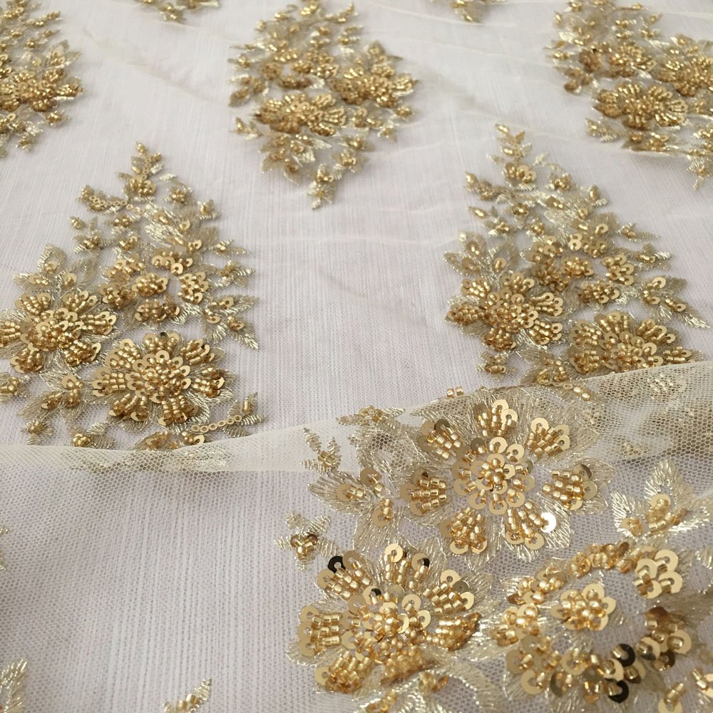 fancy white bridal lace fabric fashion new design machine embroidery beaded sequin lace fabric for dresses