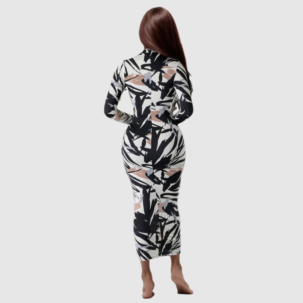 E0109TA33 Wholesale Price Women Printed Knit Ribbed Long Sleeve Birthday Bodycon Midi Maxi Dress Sehe Fashion
