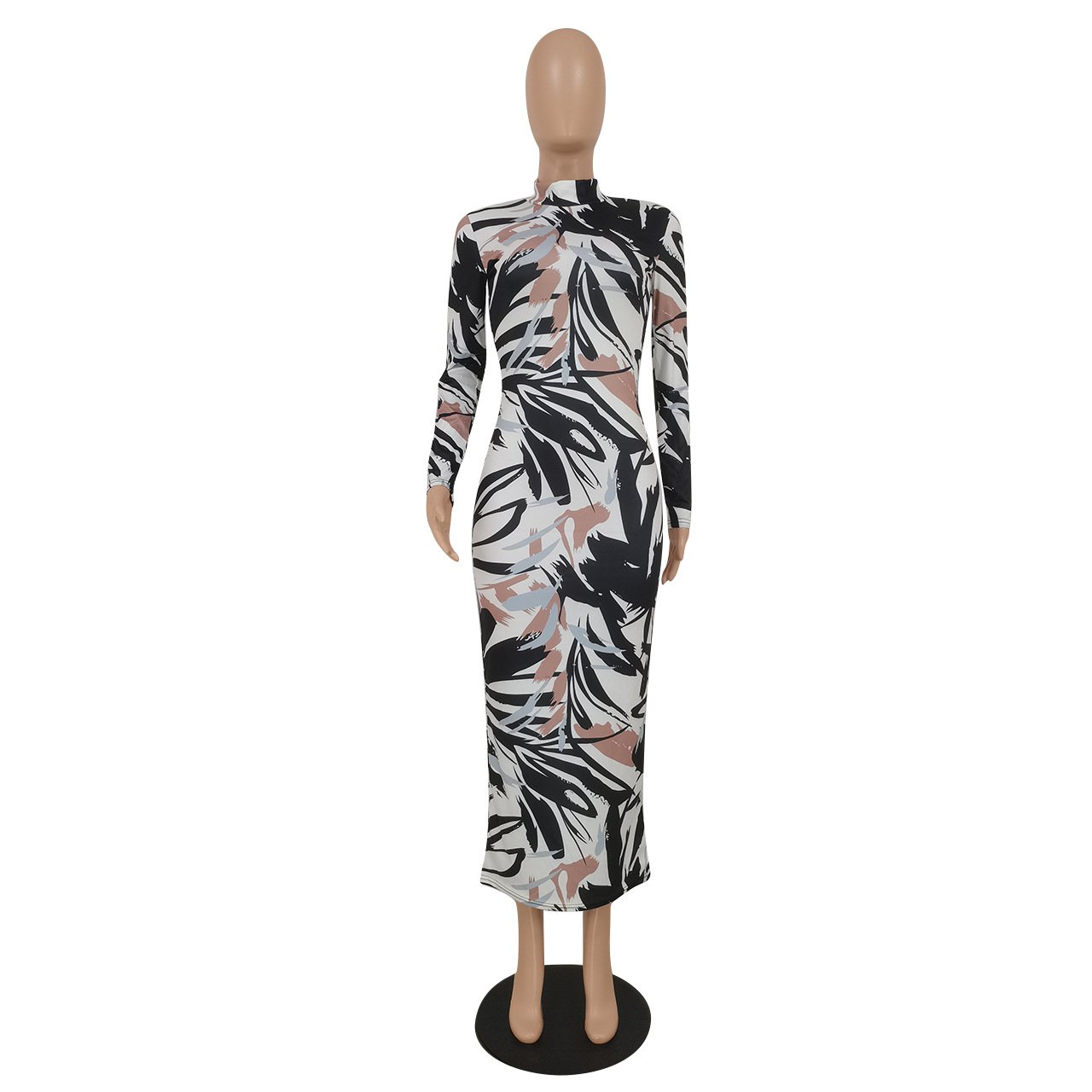 E0109TA33 Wholesale Price Women Printed Knit Ribbed Long Sleeve Birthday Bodycon Midi Maxi Dress Sehe Fashion