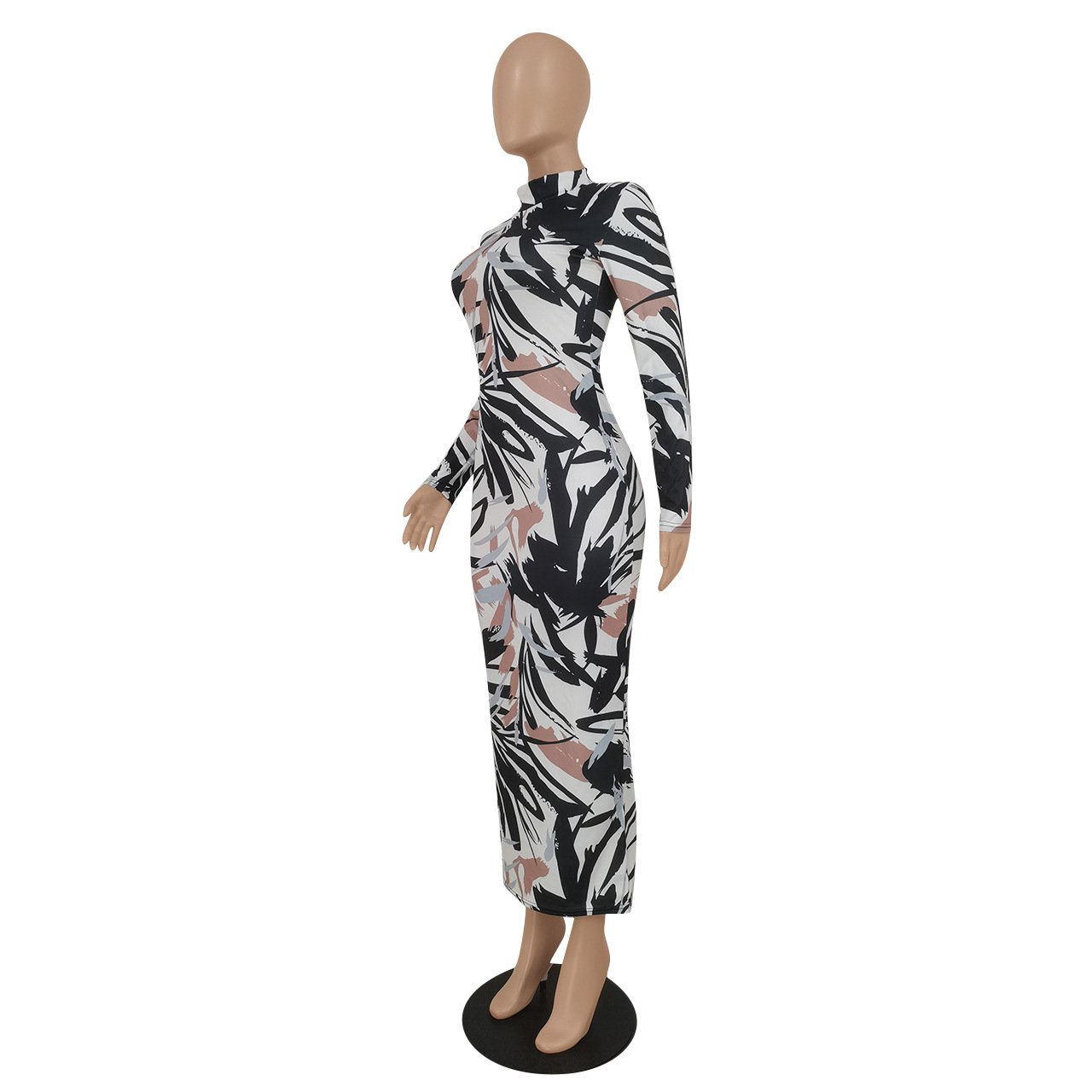 E0109TA33 Wholesale Price Women Printed Knit Ribbed Long Sleeve Birthday Bodycon Midi Maxi Dress Sehe Fashion