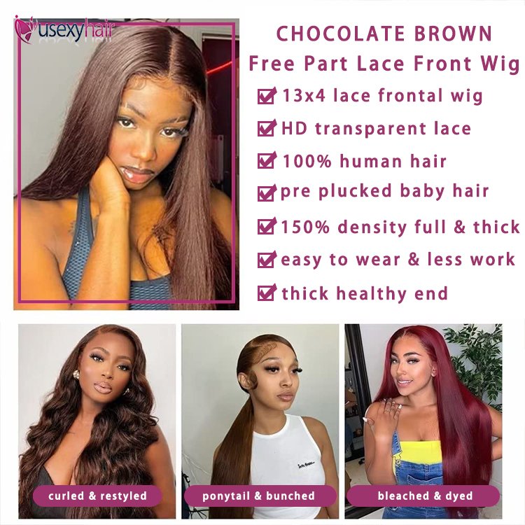 Chocolate Brown Glueless Human Hair 13x4 HD Lace Front Wig Pre Plucked with Baby Hair 4 Dark Brown Lace Closure Wigs for Women