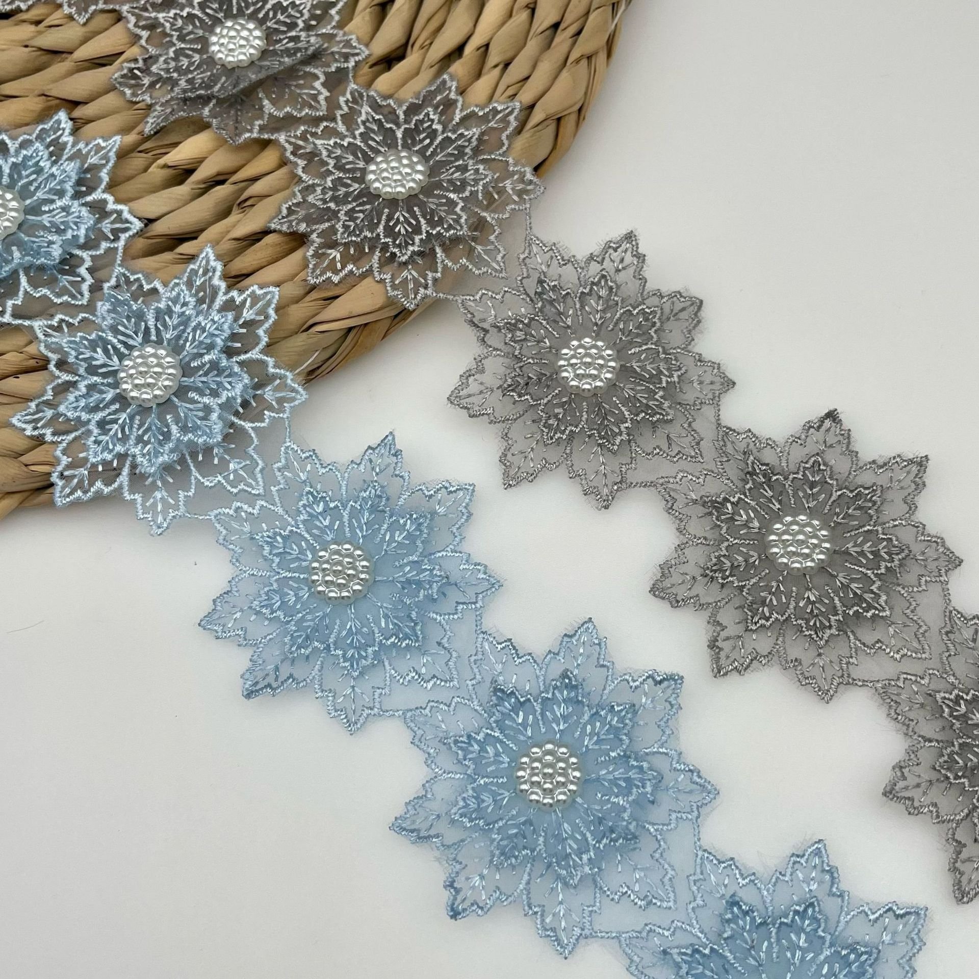 AFFNINTY 3D Snowflakes flower Pearl Embroidery Lace Trim For Wedding Dress Curtain Skirt Accessories Lace Dress Accessories