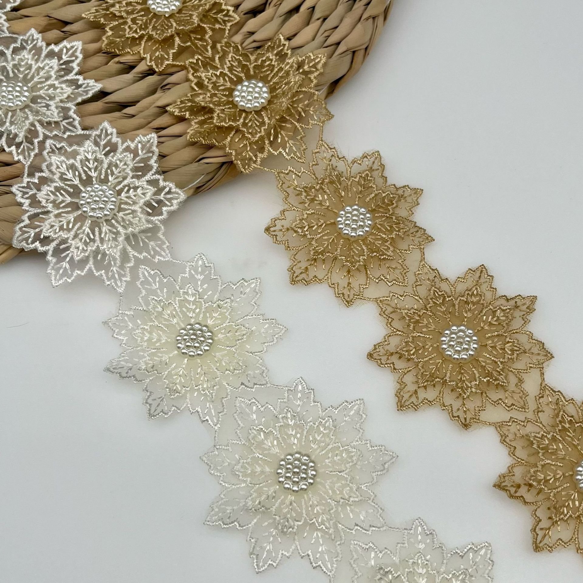 AFFNINTY 3D Snowflakes flower Pearl Embroidery Lace Trim For Wedding Dress Curtain Skirt Accessories Lace Dress Accessories