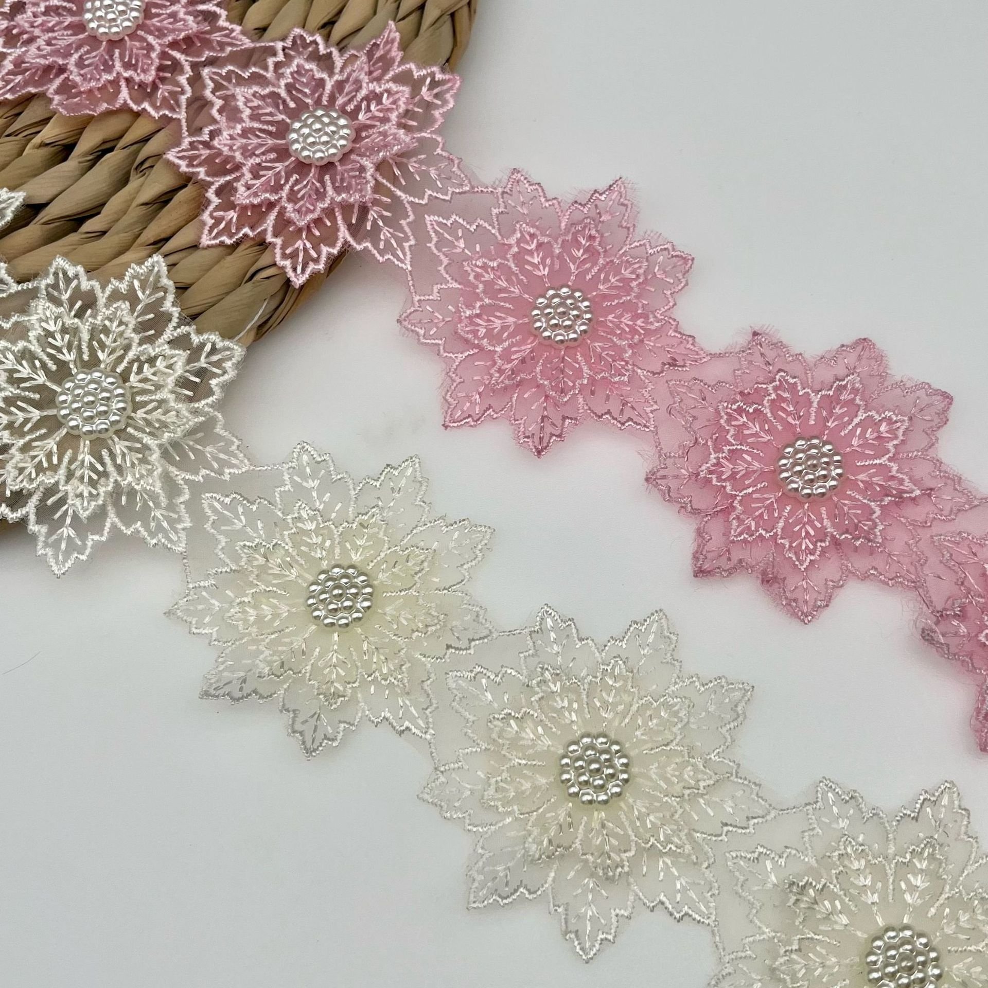 AFFNINTY 3D Snowflakes flower Pearl Embroidery Lace Trim For Wedding Dress Curtain Skirt Accessories Lace Dress Accessories