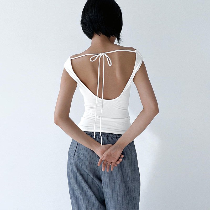2024 Summer Sexy Backless Lace Up Off Shoulder Tank Tops y2k Slim Tshirts for Women Basic Black T Shirts