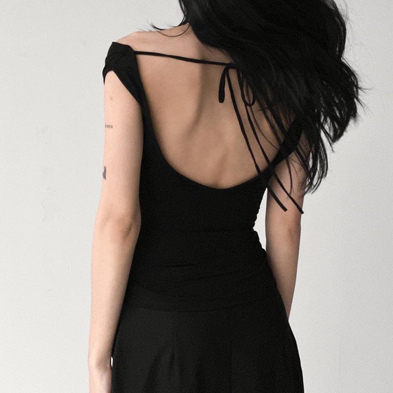 2024 Summer Sexy Backless Lace Up Off Shoulder Tank Tops y2k Slim Tshirts for Women Basic Black T Shirts