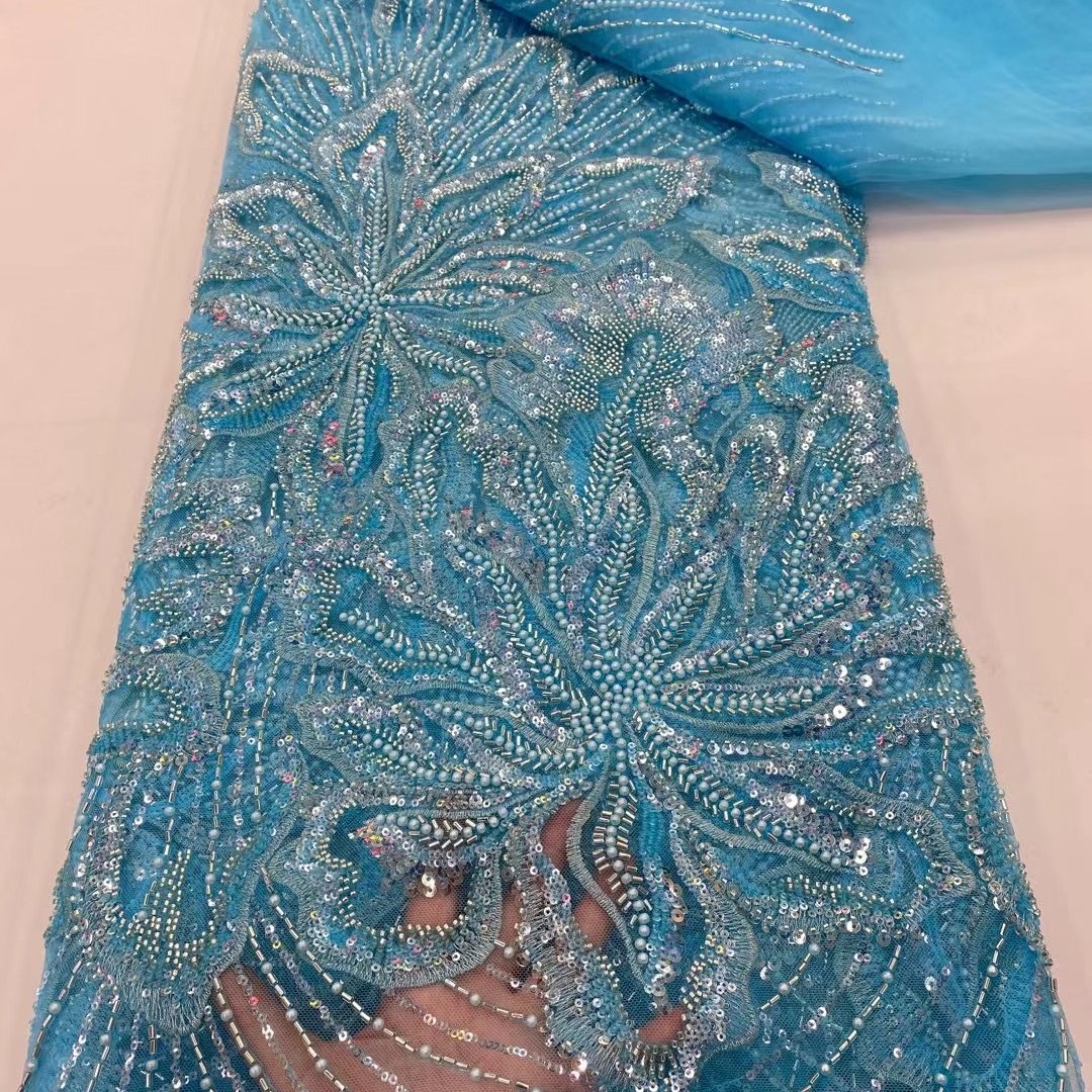 Nigerian african brocade teal green beads lace fabric