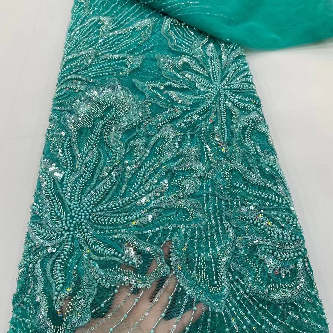 Nigerian african brocade teal green beads lace fabric
