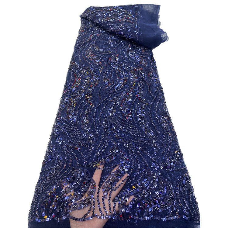 Sequins Beads Embroidery Tulle Fabric Dark Blue Lace African Lace Fabric