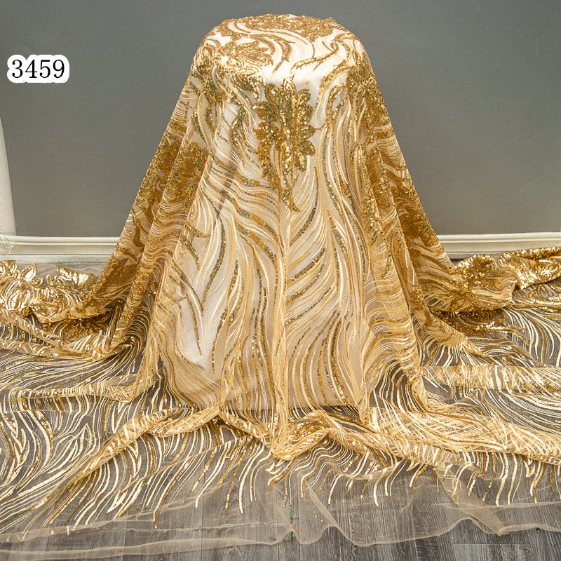3459 Gold African Wedding Lace Fabric Embroidered Nigerian Lace Fabrics 2023 High Quality French Tulle Lace Fabric With Sequins