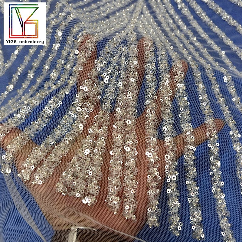 Luxury white crystal sequins embroidered heavy beads Bridal french net Tulle wedding lace fabric