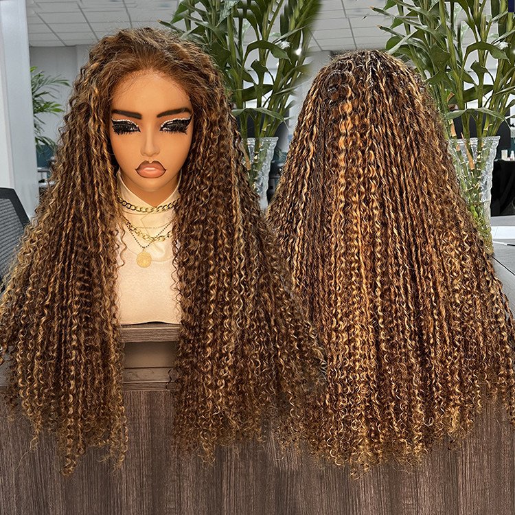 Ready To Ship 13*4 Highlight Pixie Curly Human Hair Wigs Glueless HD Transparent Lace Frontal Wigs Kinky Curly Lace Front Wig