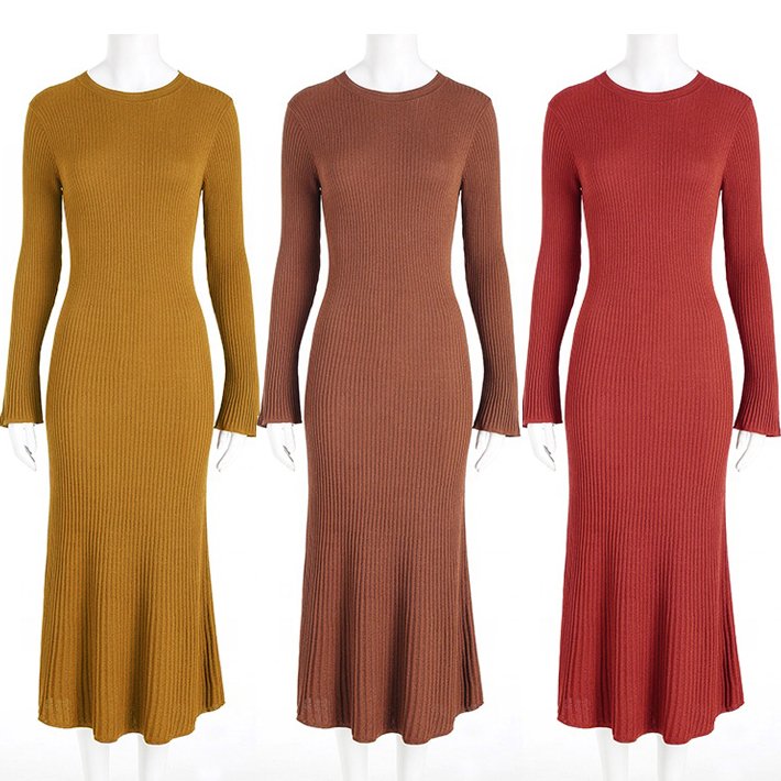 Guangdong Guangzhou Knitwear Manufacturers Custom Brown Round Necked Long Sleeved Ribbed Knitted Luxury Women's Sweater Dress