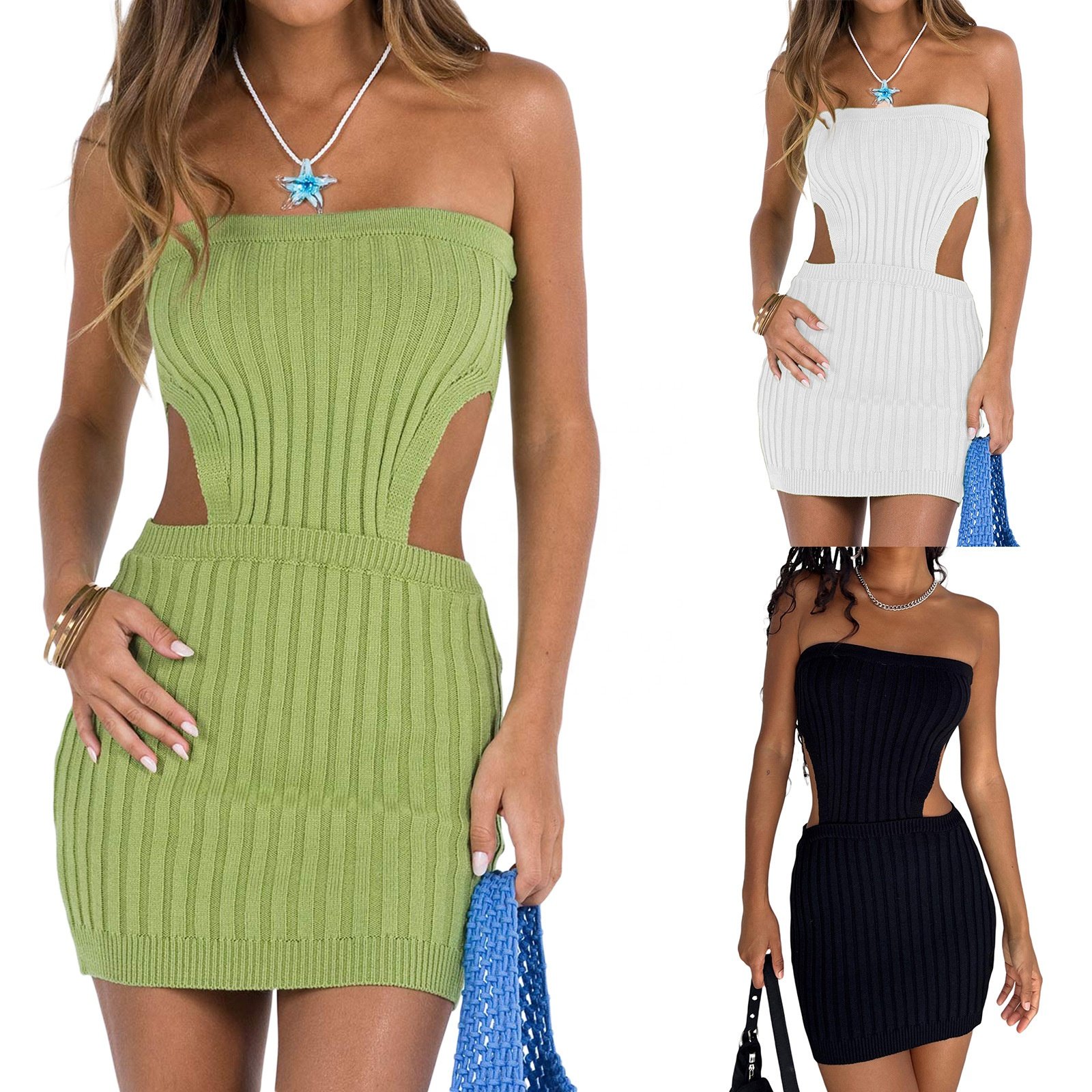 Knitted Bra Dress Summer New Womens Solid Color Hollow Out Sexy Open Backpack Hip Dress