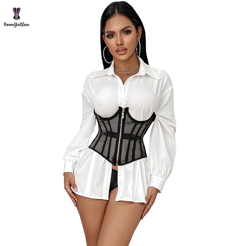 See Through Lace Corset Belt Waist Corset Top Women Mesh Open Cup Lace Up Boned Bustier Underbust Corset Waist Cinchers