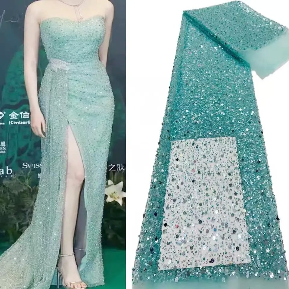 High quality Sequin African lace fabric with beads wedding dresses lace Embroidery Shiny Sequins Beads dresses lace Fabric