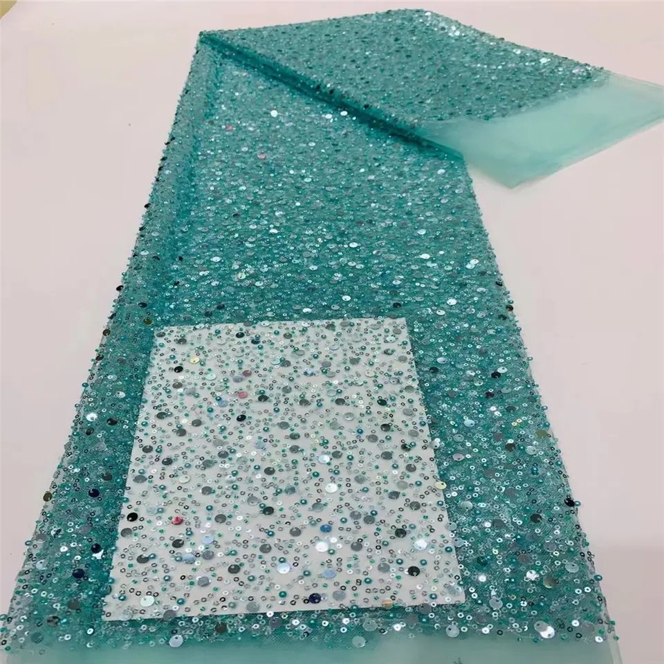 High quality Sequin African lace fabric with beads wedding dresses lace Embroidery Shiny Sequins Beads dresses lace Fabric