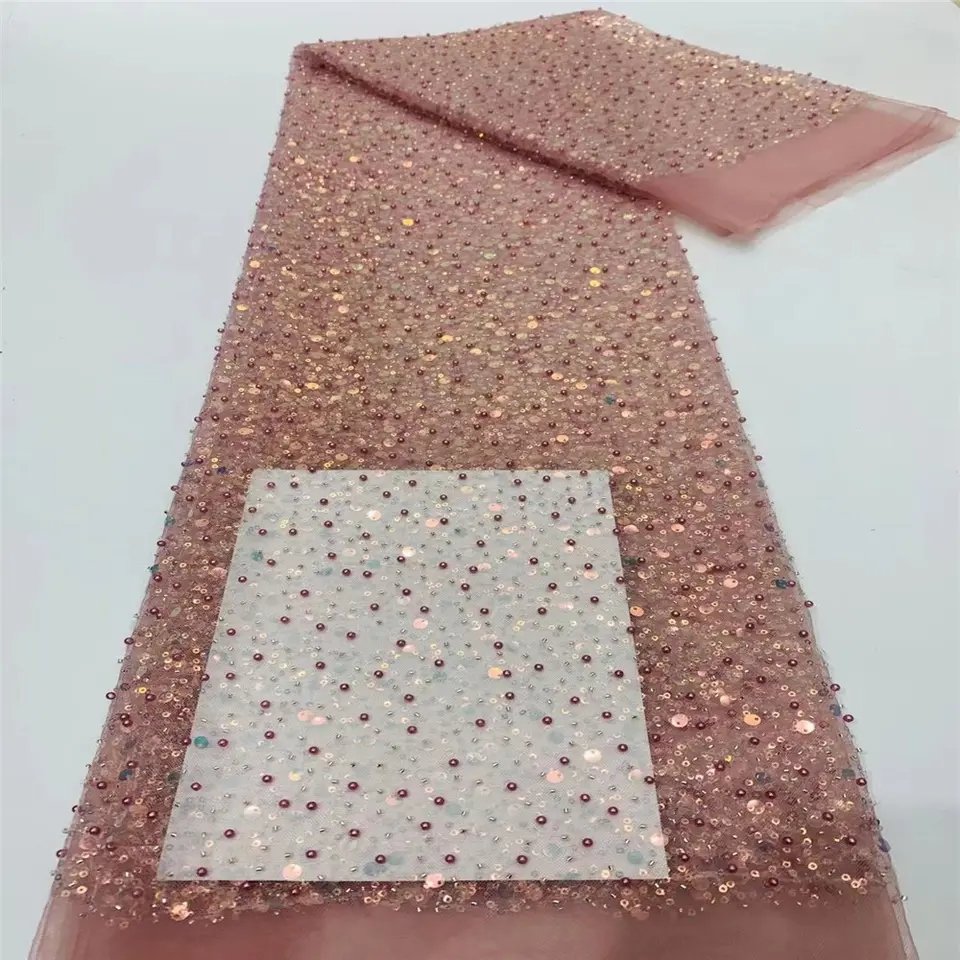 High quality Sequin African lace fabric with beads wedding dresses lace Embroidery Shiny Sequins Beads dresses lace Fabric