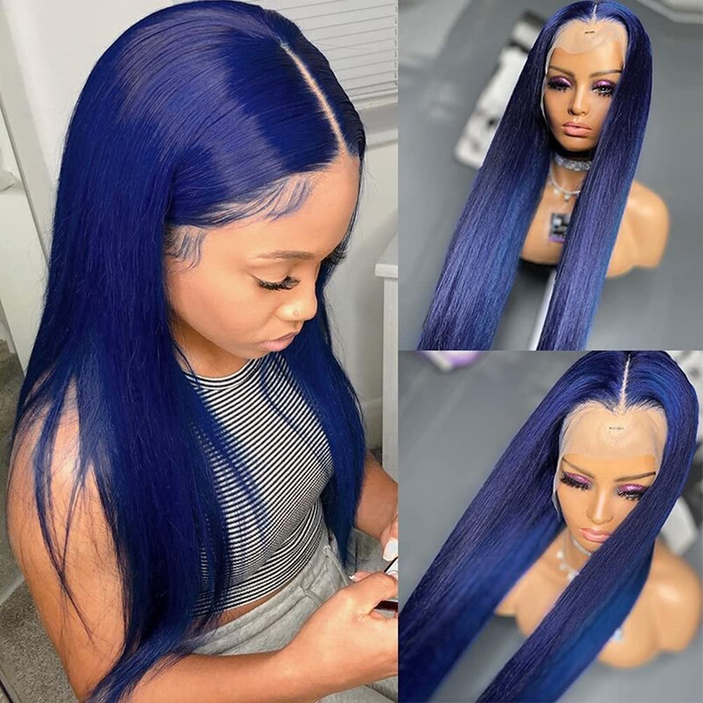 Wholesale Remy 13*4 Transparent Swiss Lace Frontal INDIAN Human Hair Wigs Straight Blue Color Lace Frontal Wigs Human Hair
