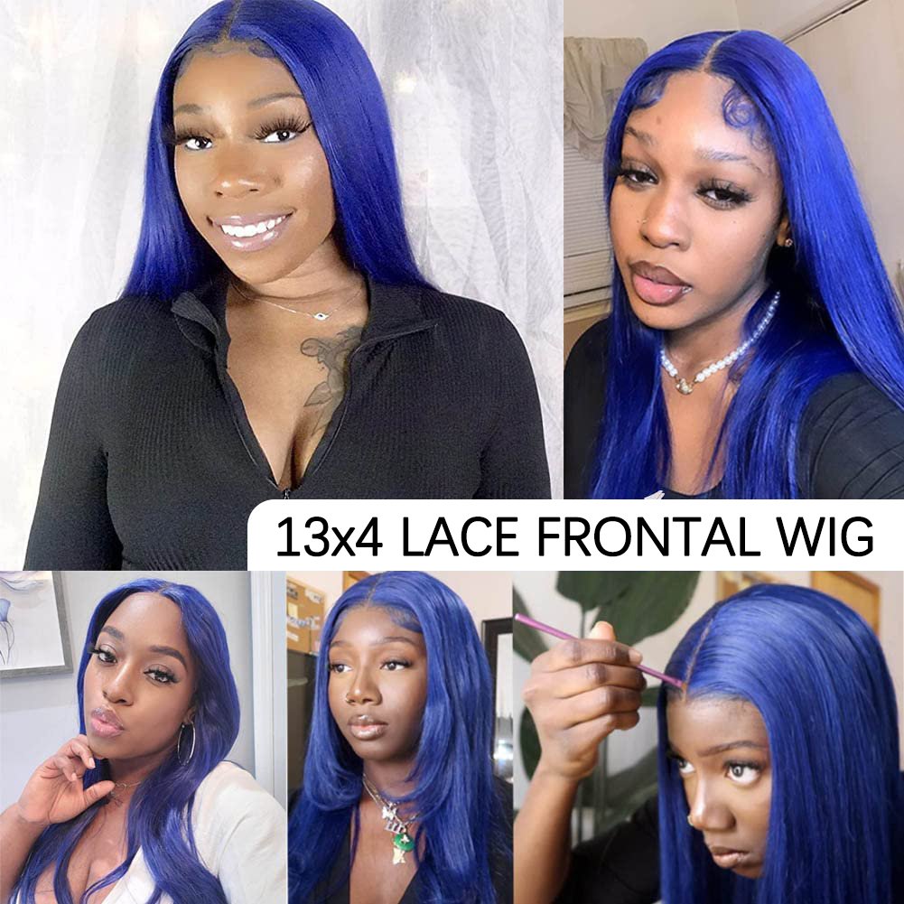 Wholesale Remy 13*4 Transparent Swiss Lace Frontal INDIAN Human Hair Wigs Straight Blue Color Lace Frontal Wigs Human Hair