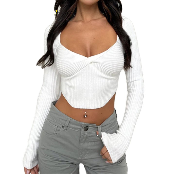 2024 Autumn Casual Ladies Long Sleeve Fashionable Ribbed Knit Tops Breathable Women Shirts