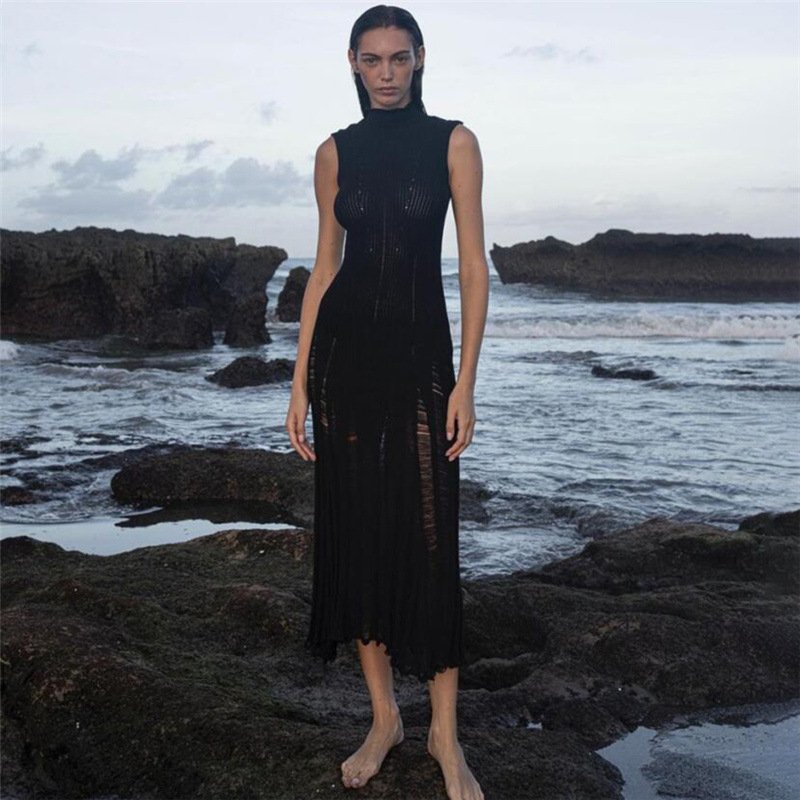 Wholesale black sexy sleeveless midi dress casual knitted sweater dresses women