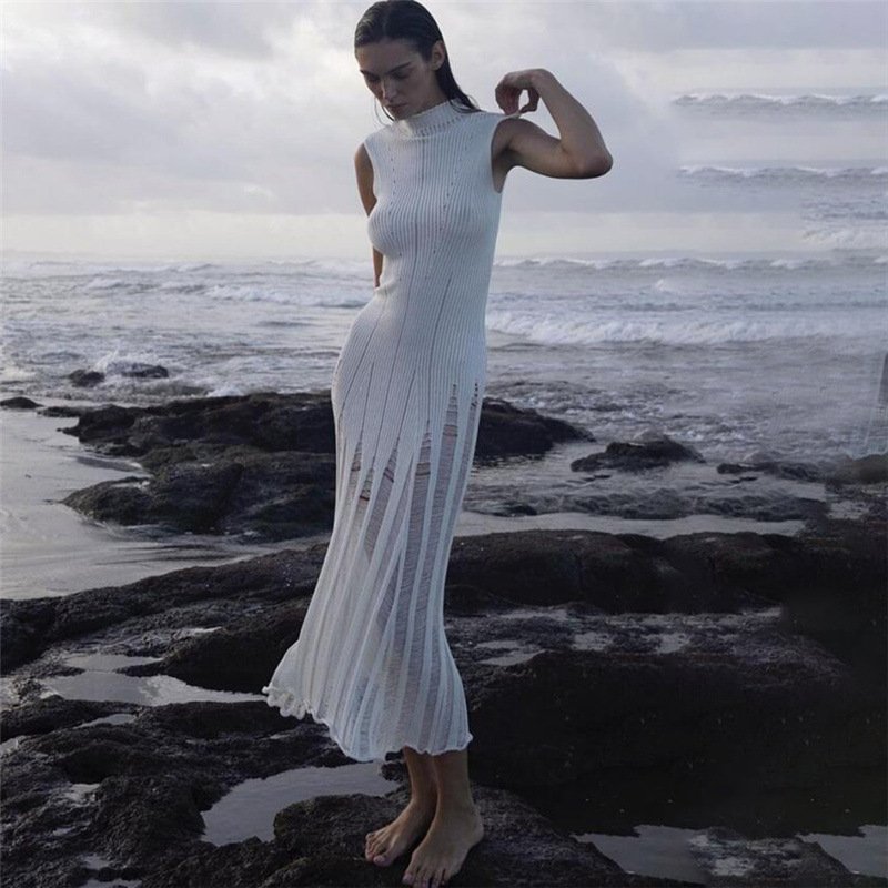 Wholesale black sexy sleeveless midi dress casual knitted sweater dresses women