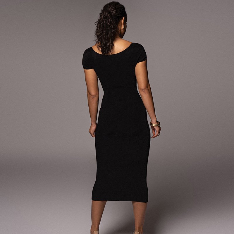 2024 Spring Hot Selling Women's Ribbed Long Dress With One Line Collar