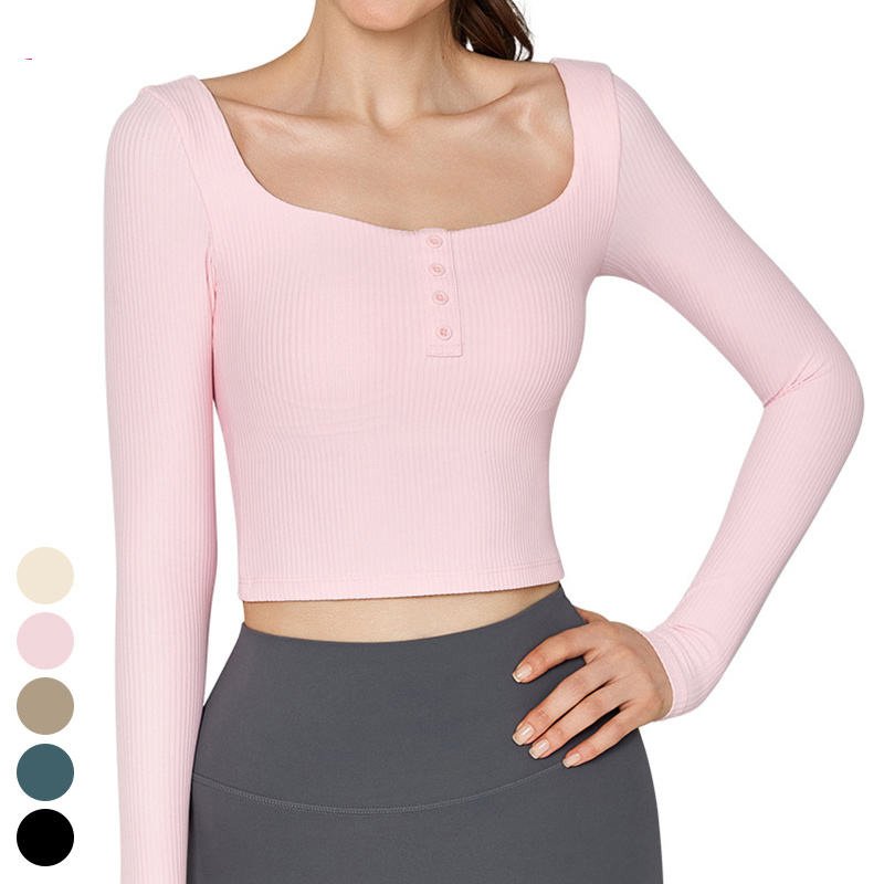 Wholesale Yoga Clothing Slim Fit Sports Top Square Neck Short Workout Shirts Ribbed Long Sleeve Gym Fitness Top Yoga Shirt Women