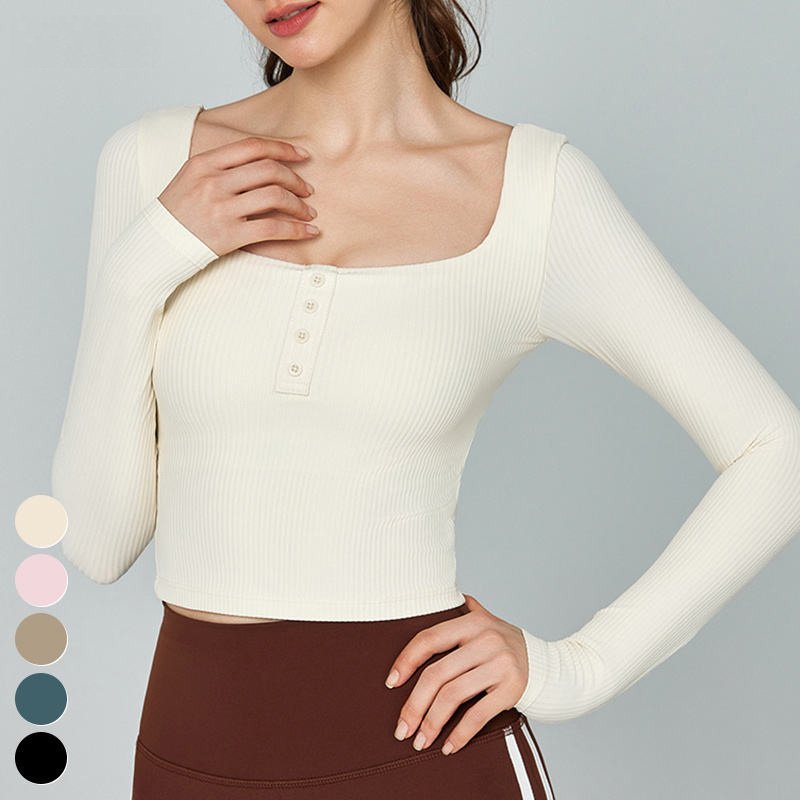 Wholesale Yoga Clothing Slim Fit Sports Top Square Neck Short Workout Shirts Ribbed Long Sleeve Gym Fitness Top Yoga Shirt Women