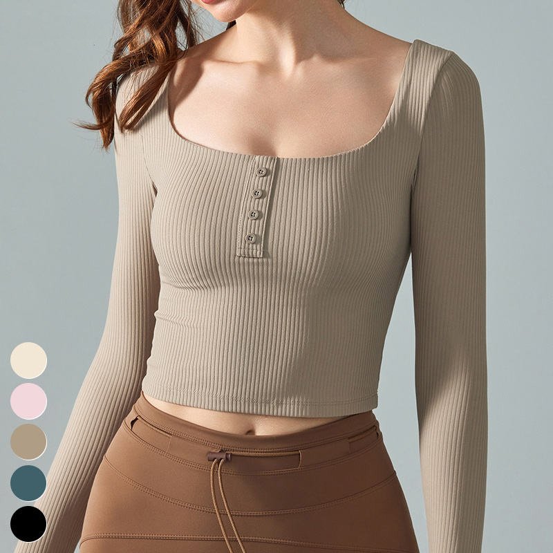 Wholesale Yoga Clothing Slim Fit Sports Top Square Neck Short Workout Shirts Ribbed Long Sleeve Gym Fitness Top Yoga Shirt Women