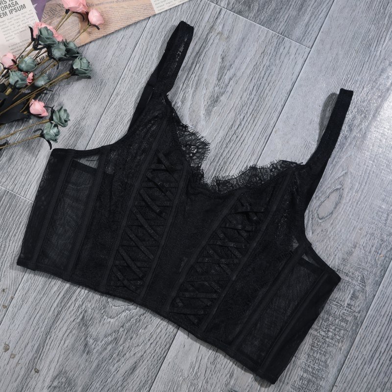 China suppliers semisheer hollow out mesh inset with lace detail cropped hem corset mesh fabric satin lace corset crop top femme
