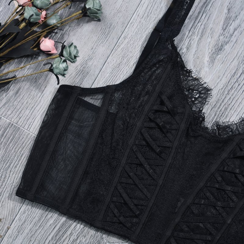 China suppliers semisheer hollow out mesh inset with lace detail cropped hem corset mesh fabric satin lace corset crop top femme