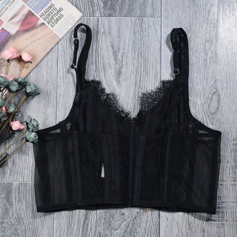 China suppliers semisheer hollow out mesh inset with lace detail cropped hem corset mesh fabric satin lace corset crop top femme