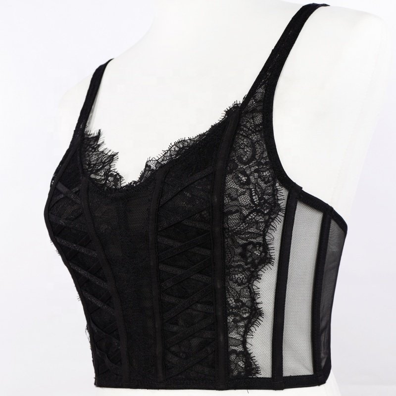 China suppliers semisheer hollow out mesh inset with lace detail cropped hem corset mesh fabric satin lace corset crop top femme
