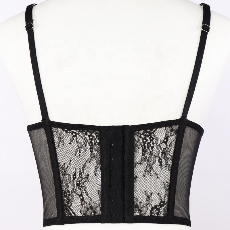 China suppliers semisheer hollow out mesh inset with lace detail cropped hem corset mesh fabric satin lace corset crop top femme
