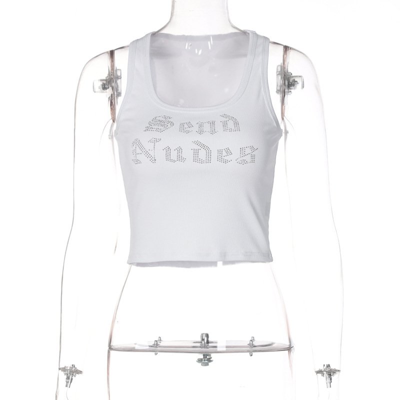 Custom Summer Rhinestones Letter woman Black Ribbed fitted workout Crop top tank tops Y2K clothing women 2023