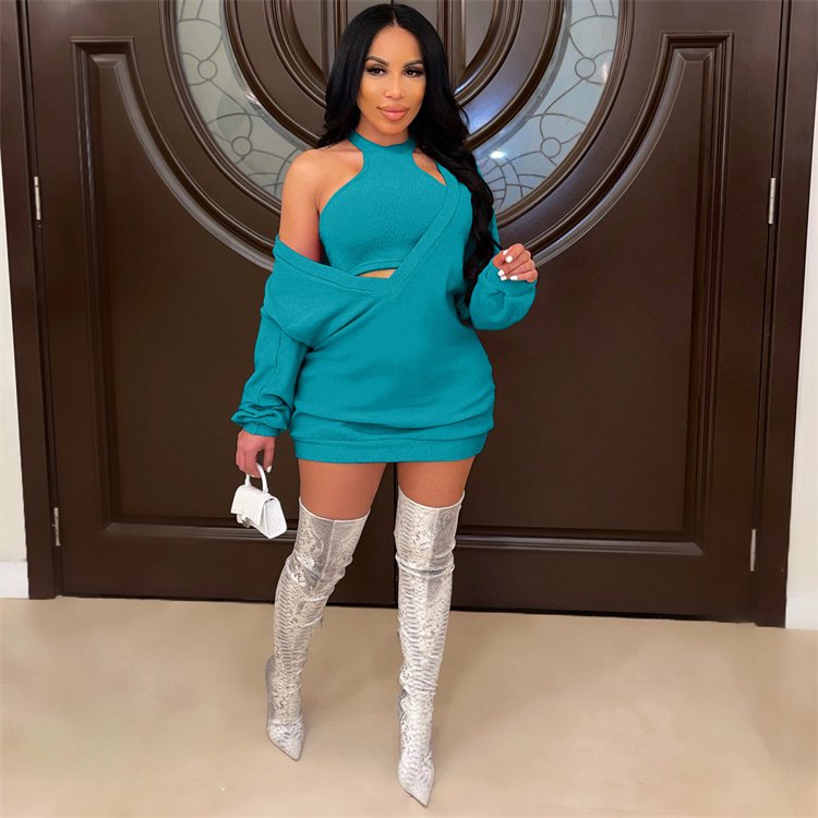Fall Trendy Women Casual Long Sleeve Deep V Neck Fashion Oversized Hoodies With Vest Two Piece Set Rib Knit Sweater Dress Women