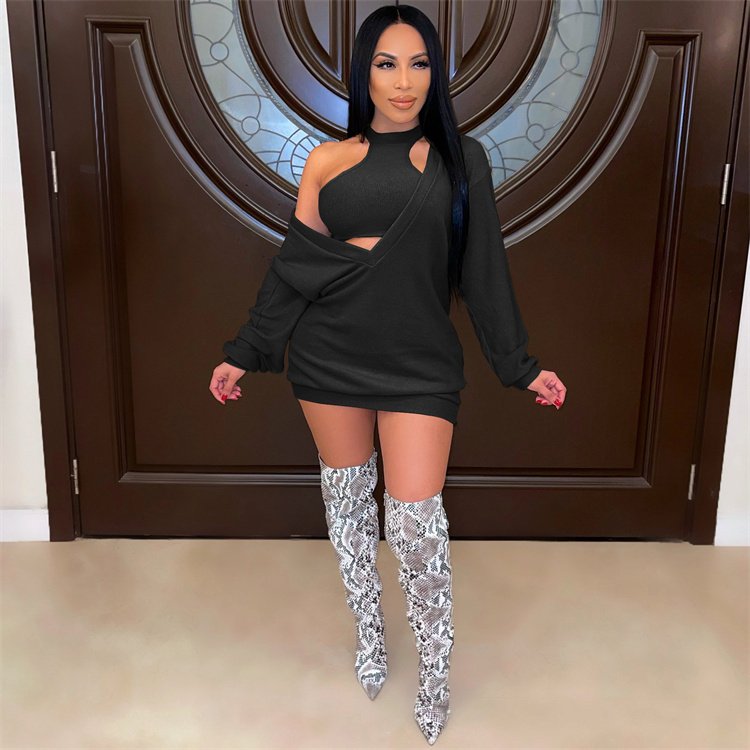 Fall Trendy Women Casual Long Sleeve Deep V Neck Fashion Oversized Hoodies With Vest Two Piece Set Rib Knit Sweater Dress Women