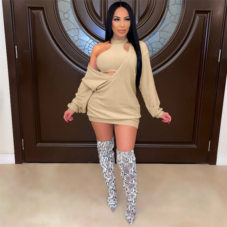 Fall Trendy Women Casual Long Sleeve Deep V Neck Fashion Oversized Hoodies With Vest Two Piece Set Rib Knit Sweater Dress Women