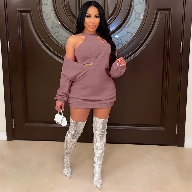 Fall Trendy Women Casual Long Sleeve Deep V Neck Fashion Oversized Hoodies With Vest Two Piece Set Rib Knit Sweater Dress Women