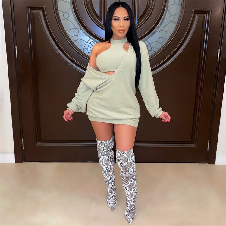 Fall Trendy Women Casual Long Sleeve Deep V Neck Fashion Oversized Hoodies With Vest Two Piece Set Rib Knit Sweater Dress Women