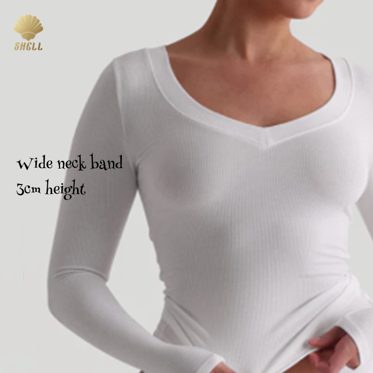 Luluxixiyaya V-Shape Micro Ribbed Long Sleeve 3cm Height Slim Fitting Ladies Summer 230gsm Sexy V Neck T-shirt
