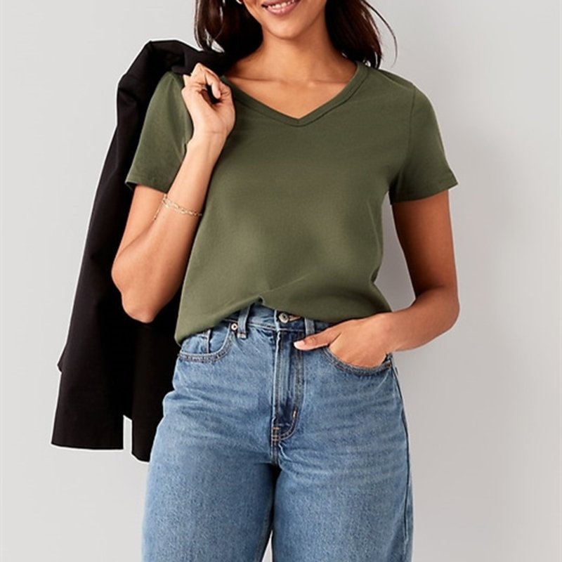 Wholesale Custom Women's Rib Knit V Neck Short Sleeves Casual Summer Regular Fit T-Shirts