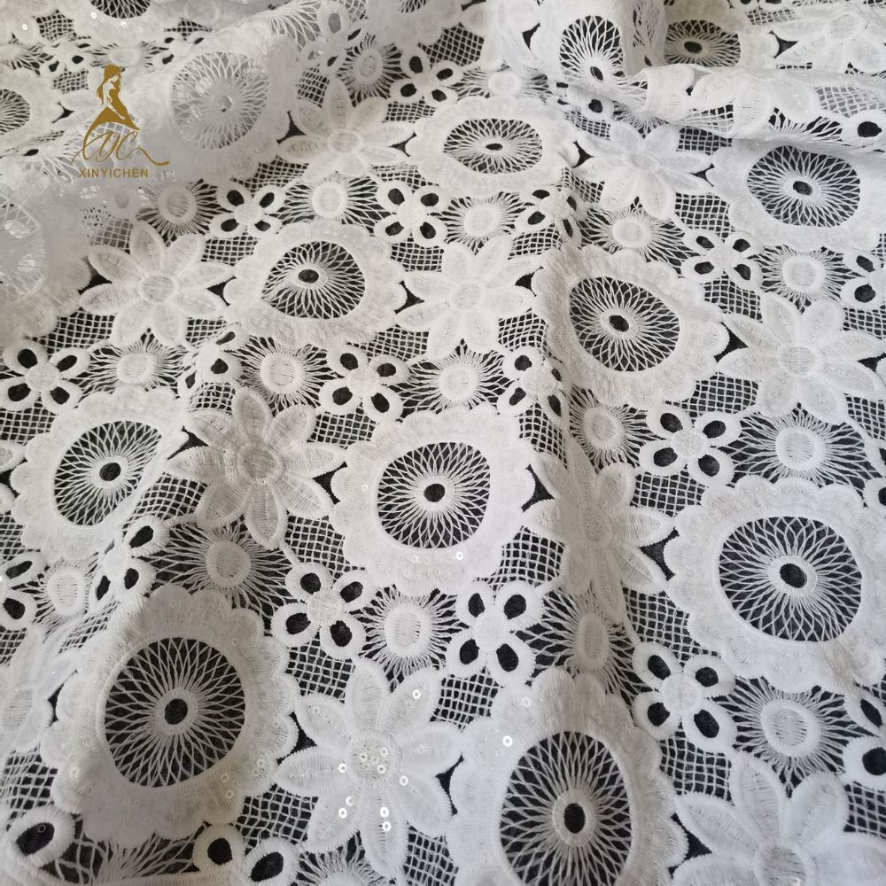 china wholesale white Water Soluble lace manufacturer african sequins embroidery fabric for wedding dress