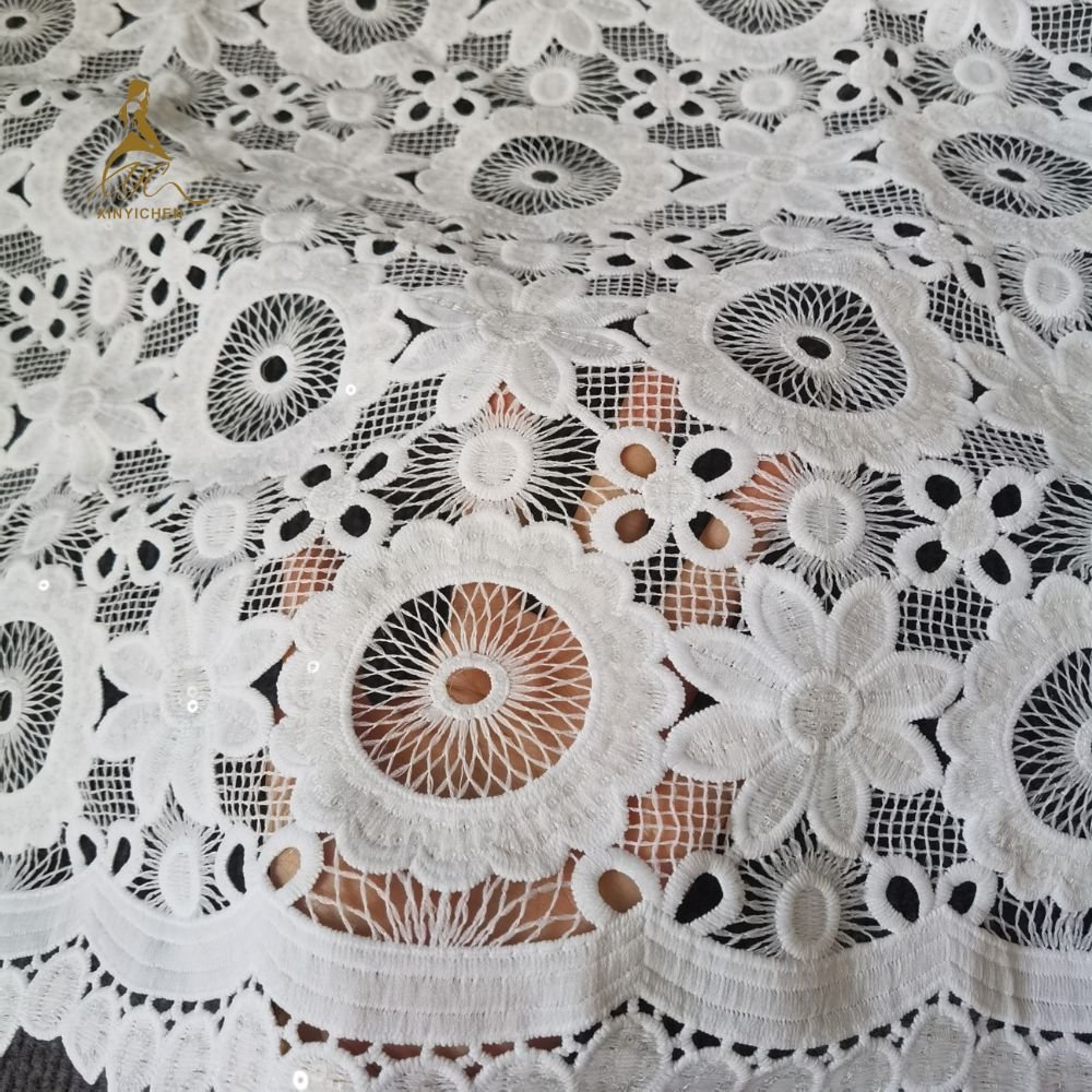 china wholesale white Water Soluble lace manufacturer african sequins embroidery fabric for wedding dress