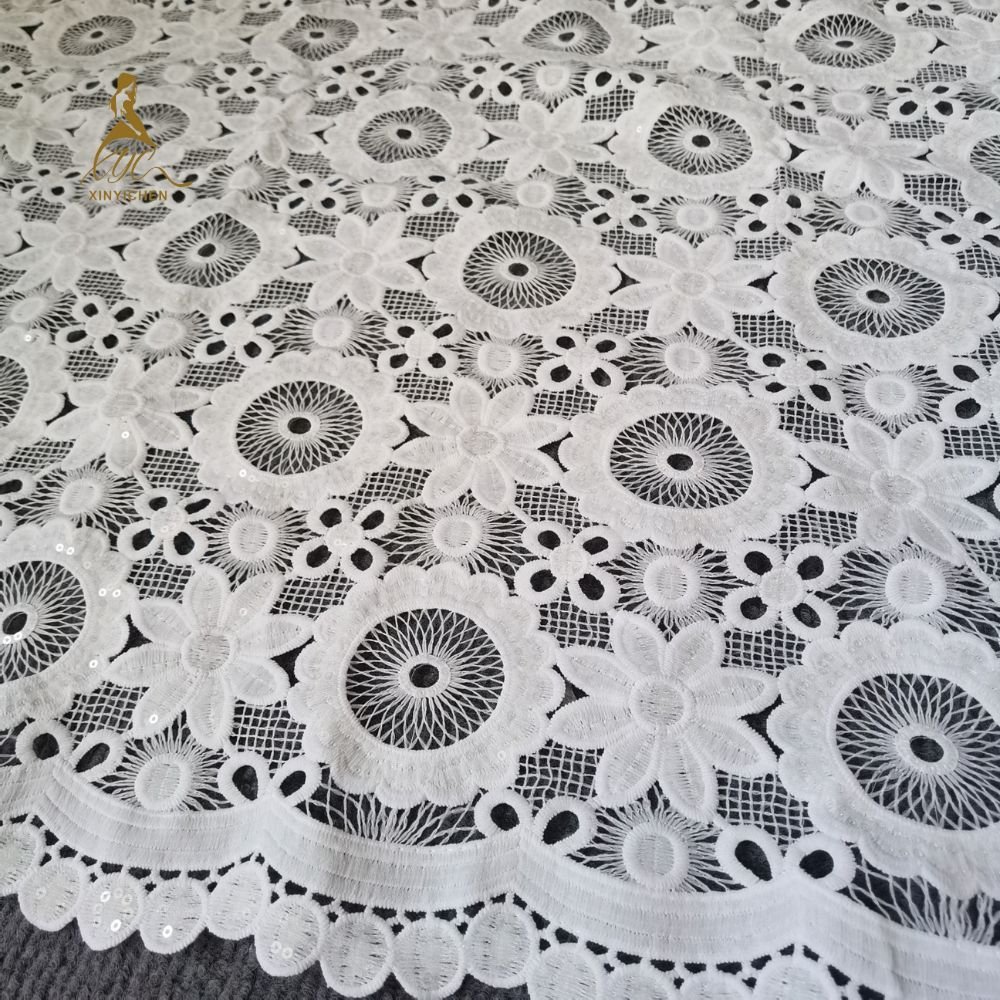 china wholesale white Water Soluble lace manufacturer african sequins embroidery fabric for wedding dress
