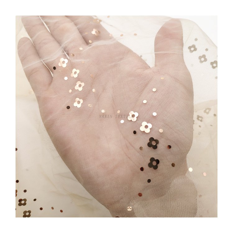 Guangzhou Gold Supplier Tulle 2024 New Arrival Gold Floral Dots Glitter Embroidery Sequin Tulle Mesh Net Fabric