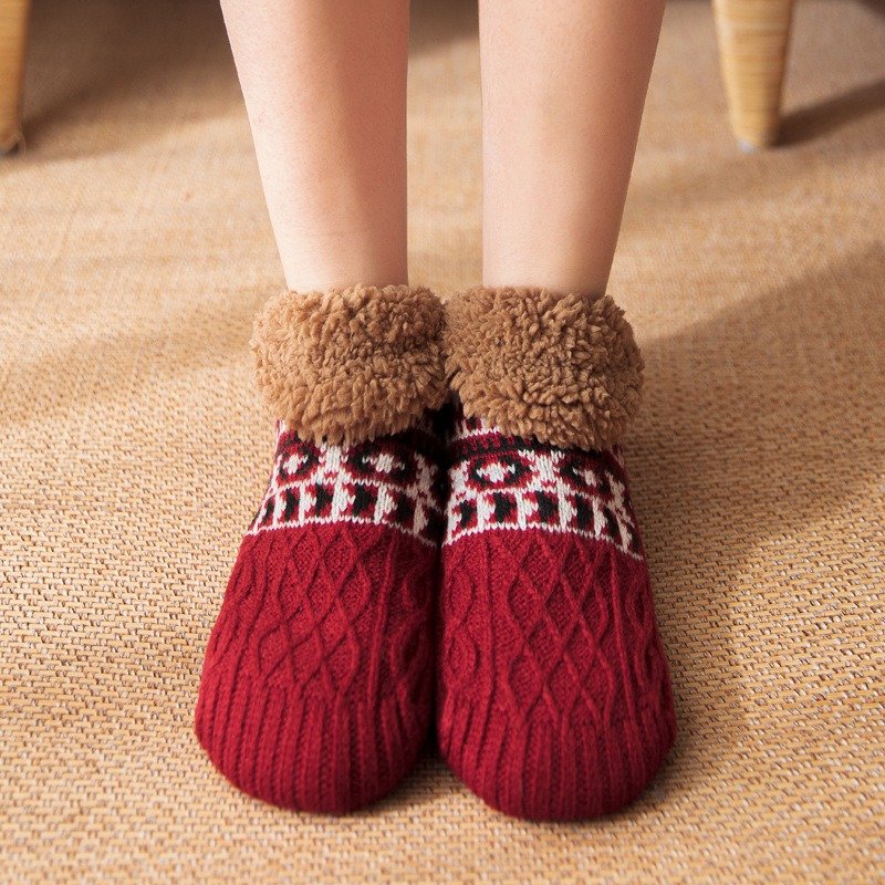Indoor Home Wool loop Floor Slipper Socks Non Slip Knitted Thick Sherpa Fleece Lined Cosy Winter Fluffy Bed Slippers