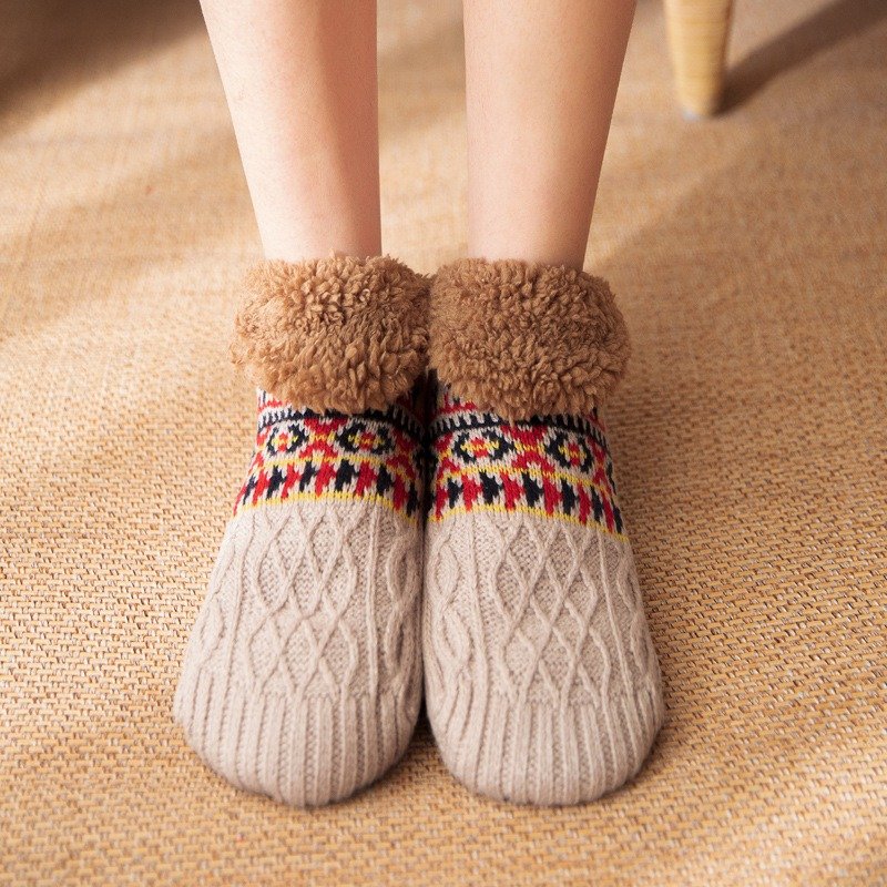 Indoor Home Wool loop Floor Slipper Socks Non Slip Knitted Thick Sherpa Fleece Lined Cosy Winter Fluffy Bed Slippers